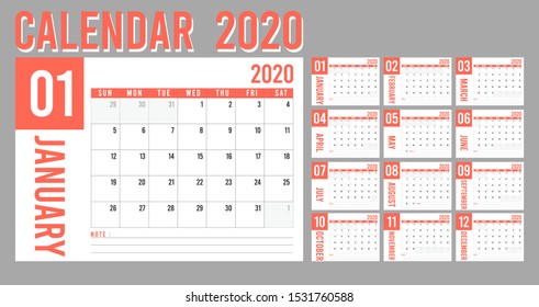 Calendar 2020 planner red design template. Vector illustration eps 10.