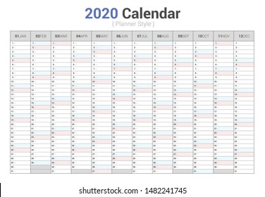 Calendar 2020 planner simple style. Vertical vector design on white background.