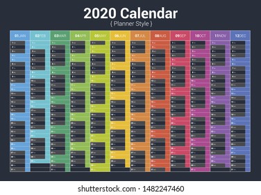 Calendar 2020 planner simple style. Vertical vector full color design on dark background.