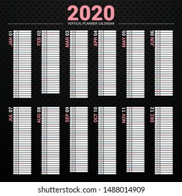 Calendar 2020 planner simple style. Vertical vector design on dark background.