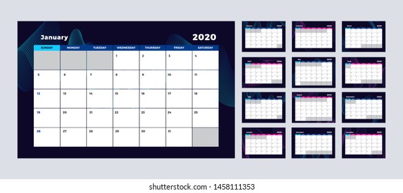 Calendar 2020 planner template. Vector new year calendar corporate design with clean minimal table week starts sunday. Holiday event planner 12 month annual timetable diary illustration