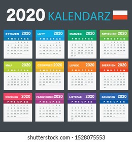 Calendar 2020 in Polish language, week starts on Monday. Vector calendar 2020 year.