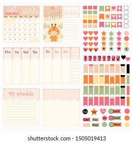 Calendar for 2020 for printing.  Planner monthly, week,  day. Children's calendar with cute forest animals. Stickers for scrapbooking.