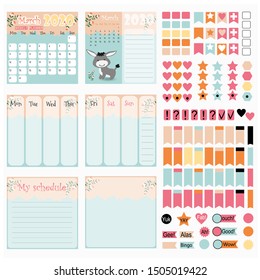 Calendar for 2020 for printing.  Planner monthly, week,  day. Children's calendar with cute forest animals. Stickers for scrapbooking.