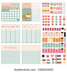 Calendar for 2020 for printing.  Planner monthly, week,  day. Children's calendar with cute forest animals. Stickers for scrapbooking.