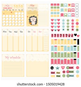 Calendar for 2020 for printing.  Planner monthly, week,  day. Children's calendar with cute forest animals. Stickers for scrapbooking.