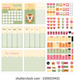 Calendar for 2020 for printing.  Planner monthly, week,  day. Children's calendar with cute forest animals. Stickers for scrapbooking.