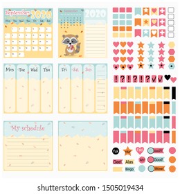 Calendar for 2020 for printing.  Planner monthly, week,  day. Children's calendar with cute forest animals. Stickers for scrapbooking.