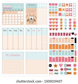 Calendar for 2020 for printing.  Planner monthly, week,  day. Children's calendar with cute forest animals. Stickers for scrapbooking.