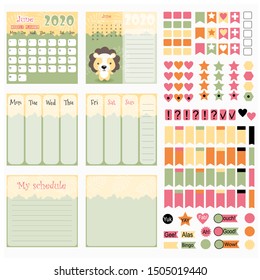 Calendar for 2020 for printing.  Planner monthly, week,  day. Children's calendar with cute forest animals. Stickers for scrapbooking.