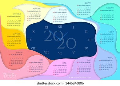 Calendar 2020 with rainbow months, paper cut style. Flexible time concept Week starts on Sunday. Navy blue background, Roman numerals. Vector template 10 EPS