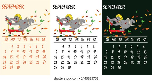Calendar 2020 with rat chinese new year symbol. Vector template, cartoon characters, white background. September