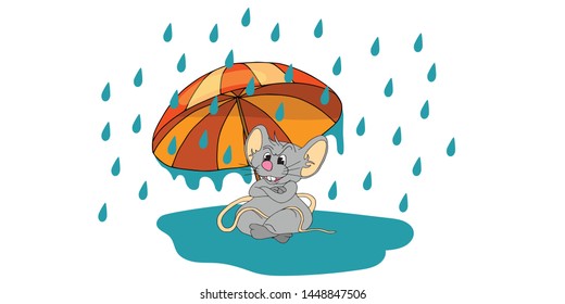 Calendar 2020 with rat chinese new year symbol. Vector template, cartoon characters, white background. Mouse under the rain