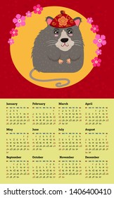 Calendar 2020 with Rat or mouse Chinese zodiac on a red background, Cartoon illustration
