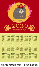 Calendar 2020 with Rat or mouse and flower, and knot luck, Chinese zodiac on a red background, Cartoon illustration
