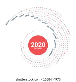 Calendar 2020 round spiral vector design on white background. 