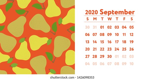 Calendar 2020. September month. Vector English wall calender. Pear seamless pattern. Hand drawn fruits sketch