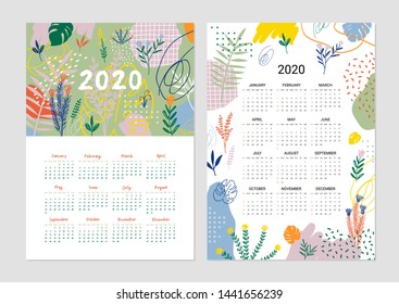 Calendar 2020. Set of 2 Printable creative templates. Abstract modern art. Cute posters with floral elements.