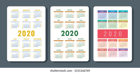 Calendar 2020 set. Colorful vector pocket calender collection. Week starts on Sunday. Basic grid template for print