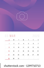 Calendar 2020, Set Desk Calendar template design with Place for Photo and Company Logo. Week Starts on Sunday. March