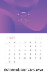 Calendar 2020, Set Desk Calendar template design with Place for Photo and Company Logo. Week Starts on Sunday. November