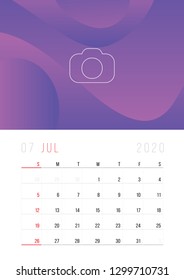 Calendar 2020, Set Desk Calendar template design with Place for Photo and Company Logo. Week Starts on Sunday. July