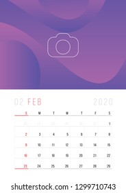 Calendar 2020, Set Desk Calendar template design with Place for Photo and Company Logo. Week Starts on Sunday. February