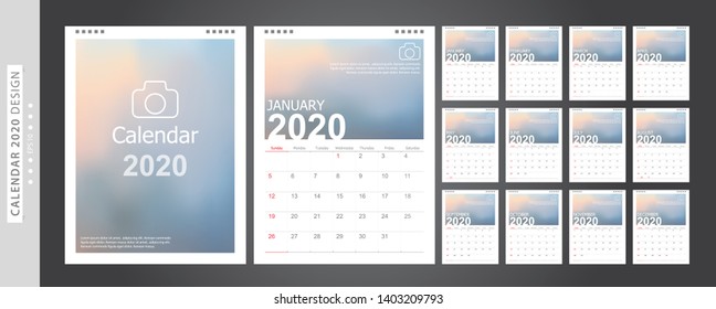 Calendar 2020, Set Desk Calendar template design with Place for Photo and Company Logo. Week Starts on Sunday. Set of 12 Months