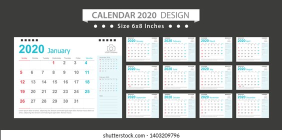 Calendar 2020, Set Desk Calendar template design with Place for Photo and Company Logo. Week Starts on Sunday. Set of 12 Months