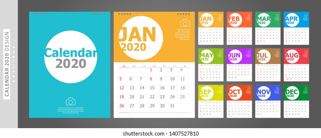 Calendar 2020, Set Desk Calendar template design with Place for Photo and Company Logo. Week Starts on Sunday. Set of 12 Months