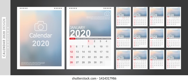Calendar 2020, Set Desk Calendar template design with Place for Photo and Company Logo. Week Starts on Sunday. Set of 12 Months