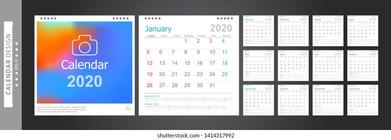 Calendar 2020, Set Desk Calendar template design with Place for Photo and Company Logo. Week Starts on Sunday. Set of 12 Months