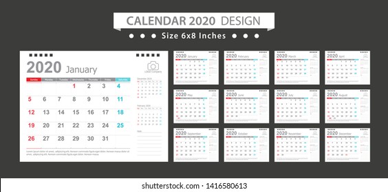 Calendar 2020, Set Desk Calendar template design with Place for Photo and Company Logo. Week Starts on Sunday. Set of 12 Months