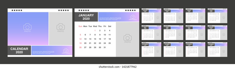 Calendario 2020, Diseño de plantilla Set Desk Calendar con logotipo Place for Photo and Company. La semana empieza el domingo. Conjunto de 12 meses