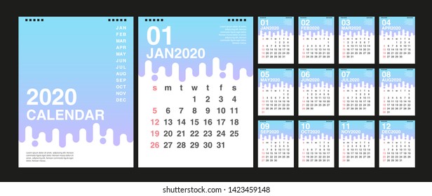 Calendar 2020, Set Desk Calendar template design with Place for Photo and Company Logo. Week Starts on Sunday. Set of 12 Months