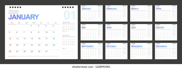 Calendar 2020, Set Desk Calendar template design with Place for Photo and Company Logo. Week Starts on Sunday. Set of 12 Months