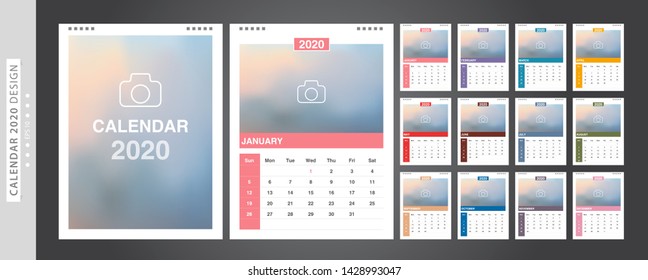 Calendar 2020, Set Desk Calendar template design with Place for Photo and Company Logo. Week Starts on Sunday. Set of 12 Months