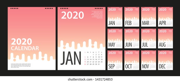 Calendar 2020, Set Desk Calendar template design with Place for Photo and Company Logo. Week Starts on Sunday. Set of 12 Months