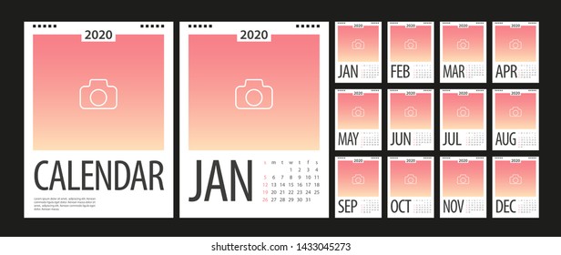 Calendar 2020, Set Desk Calendar template design with Place for Photo and Company Logo. Week Starts on Sunday. Set of 12 Months
