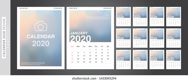 Calendar 2020, Set Desk Calendar template design with Place for Photo and Company Logo. Week Starts on Sunday. Set of 12 Months