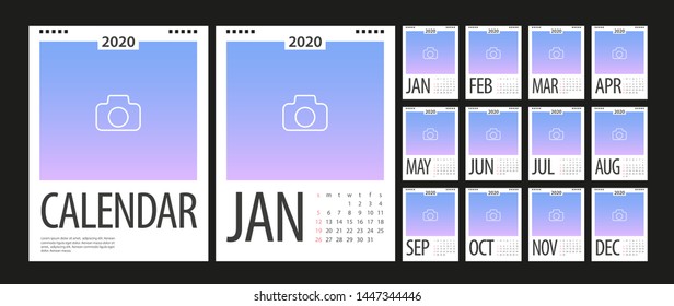 Calendar 2020, Set Desk Calendar template design with Place for Photo and Company Logo. Week Starts on Sunday. Set of 12 Months