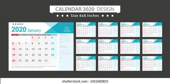 Calendar 2020, Set Desk Calendar template design with Place for Photo and Company Logo. Week Starts on Sunday. Set of 12 Months