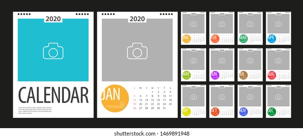 Calendar 2020, Set Desk Calendar template design with Place for Photo and Company Logo. Week Starts on Sunday. Set of 12 Months