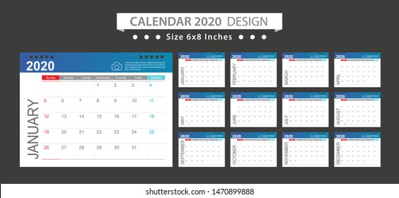 Calendar 2020, Set Desk Calendar template design with Place for Photo and Company Logo. Week Starts on Sunday. Set of 12 Months