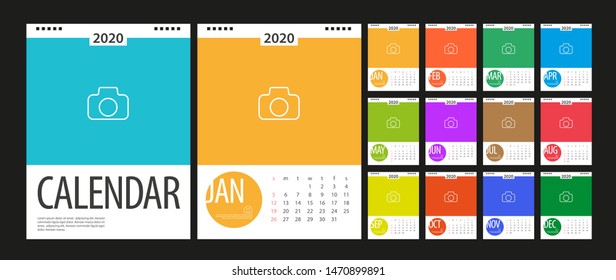 Calendar 2020, Set Desk Calendar template design with Place for Photo and Company Logo. Week Starts on Sunday. Set of 12 Months