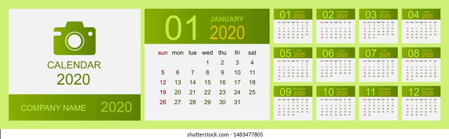 Calendar 2020, Set Desk Calendar template design with Place for Photo and Company Logo. Week Starts on Sunday. Isolated vector illustration