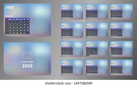 Calendar 2020, Set Desk Calendar template design with Place for Photo and Company Logo. Week Starts on Sunday. Set of 12 Months