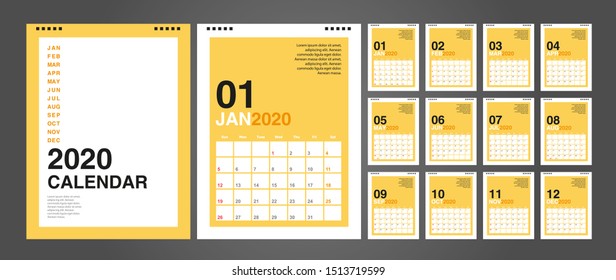 Calendar 2020, Set Desk Calendar template design with Place for Photo and Company Logo. Week Starts on Sunday. Set of 12 Months.