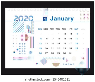 Calendar 2020, Set Desk Calendar template design. Week Starts on Sunday. Set of January Month, trendy geometric, Hipster abstract
