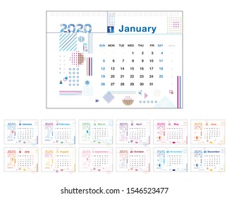Calendar 2020, Set Desk Calendar template design. Week Starts on Sunday. Set of 12 Months, trendy geometric, hipster abstract
